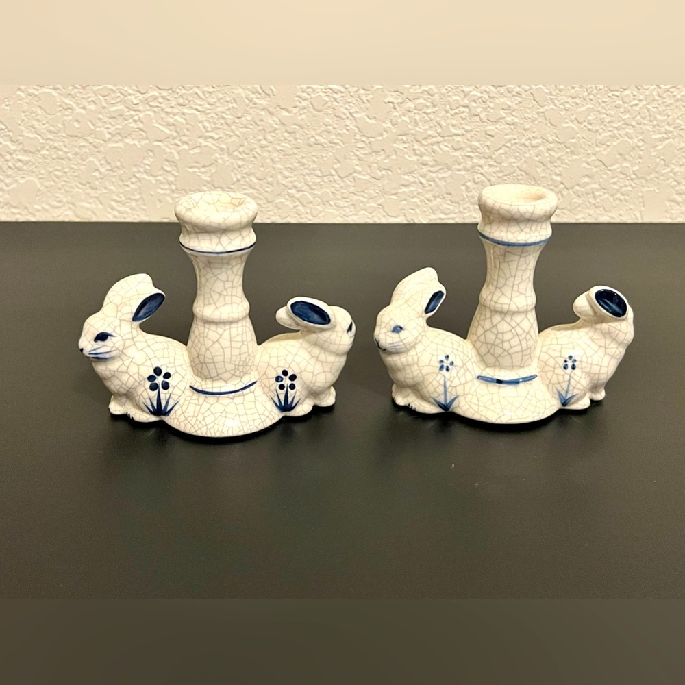 VTG Blue Dedham Pottery Shed Bunny Rabbit Candle Holder Candlestick Pair